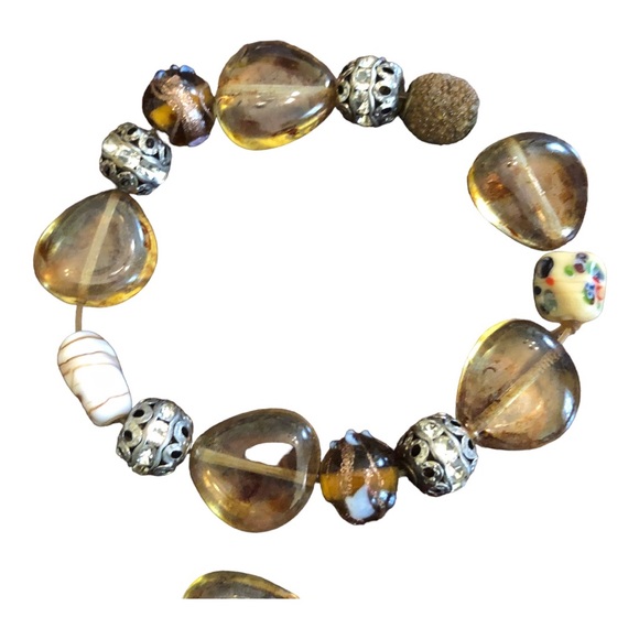 Boho Amber/Brown/Silver Chunky Beaded Stretch Bracelet - Picture 12 of 15